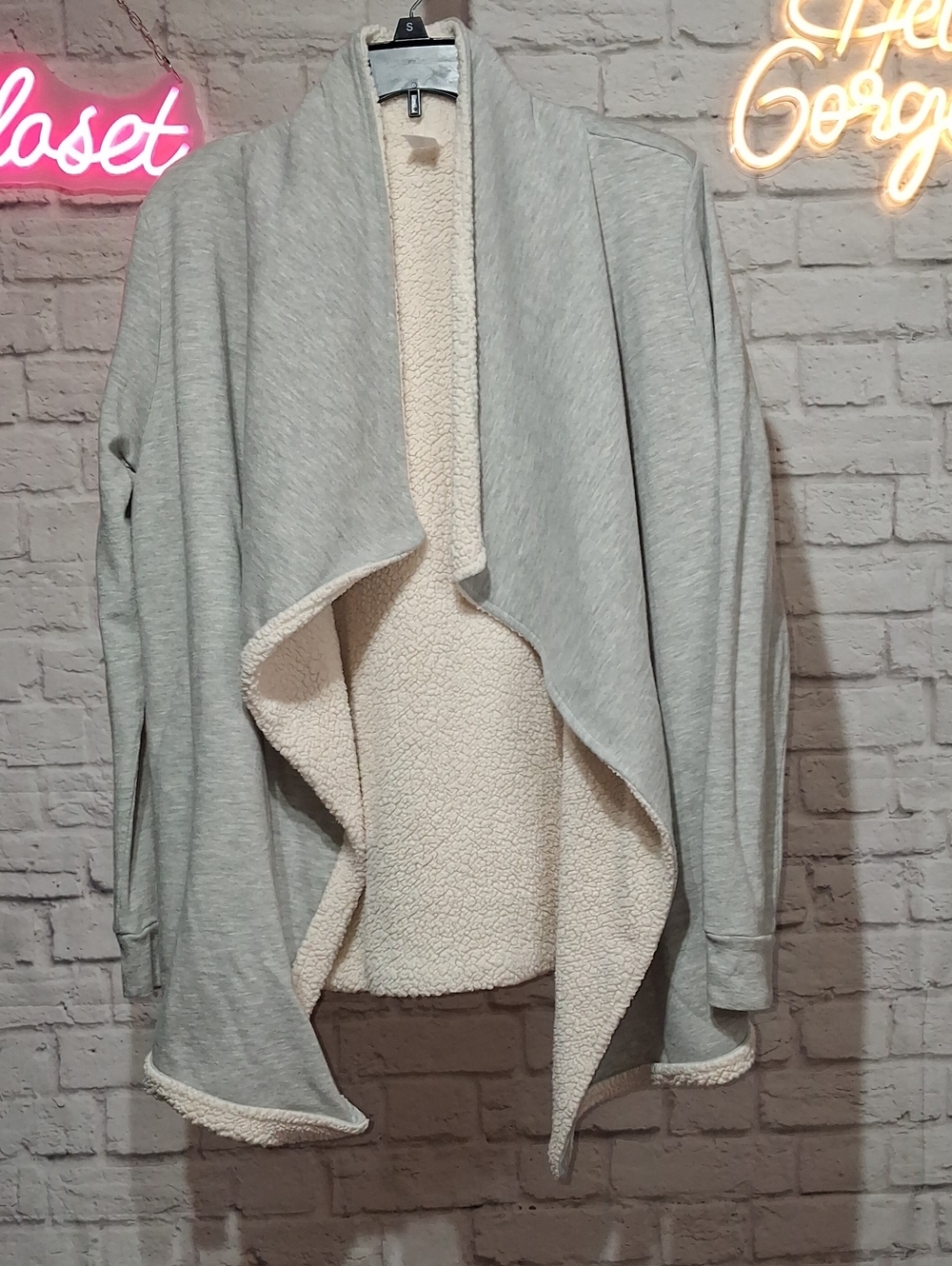 Open-Front Sherpa Lined Cardigan Sweater - Light Gray